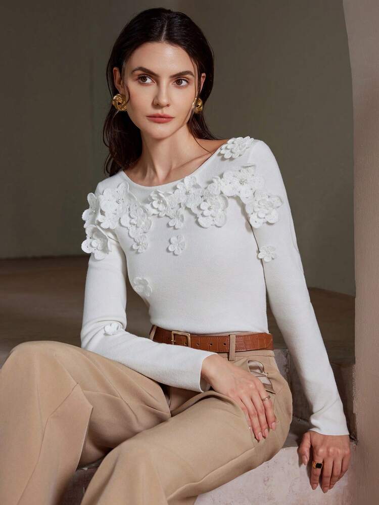 Suéter ajustado de punto con decoración floral 3D de cuello redondo elegante, nuevo suéter de punto para mujer de otoño e invierno