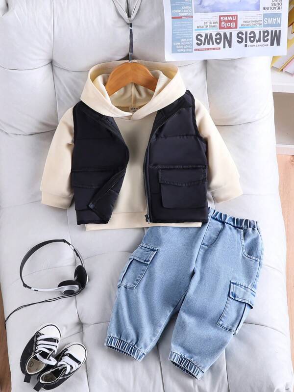 3pcs Baby Boys Casual Warm Padded Vest Jacket, Hooded Sweatshirt And Pants Set, Autumn/Winter