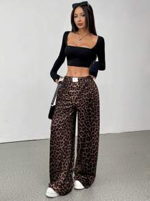 SHEIN EZwear Women's Loose Letter & Leopard Print Wide Leg Casual Pants Graduation,Back To School Outfits,Graduation,Teacher Outfits For Women,Back To School - Dusty Pink - View 3