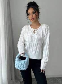 SHEIN Unity Women's Solid Color Dropped Shoulder Long Sleeve Lace-Up Cable Knit Pullover Sweater, Autumn/Winter Knit Pullover Fall - White - View 3
