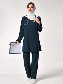 TaskEZ Long Sleeve Pocket Simple Scrub Top And Pants Uniform Set - Navy Blue - View 5