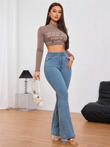 SHEIN Tall Women's Front Button Pocket Simple Style Jeans, Casual Daily Wear - Blue - View 3