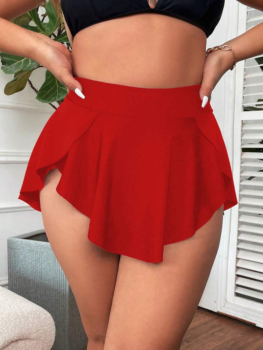 Swim Basics 1pc Plus Size High Waist Solid Color Asymmetrical Ruffle Hem Beach Cover Up Pants Summer - Red - View 1