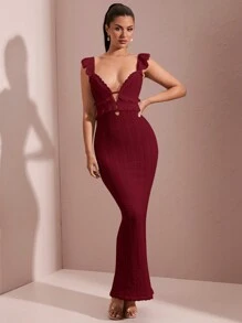 SHEIN BAE Sexy Hollow-Out Haakwerk Getextureerde Gerimpelde Korte Kapmouw Open Rug Strik Elegante Lange Vissenstaartjurk, Voor De Zomer