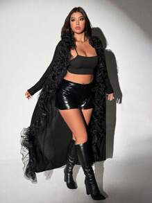 Maweii 大码花卉蕾丝边华夫格针织开衫 - 黑色 - 查看 5