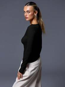 MUSERA Ribbed Slash Neck Long Sleeve Top Casual Vacation Airport Holiday Fall Back To School Autumn Winter Elegant - Black - View 2