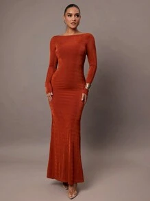 Silquee Women's Autumn And Winter Long Sleeve Simple Daily Date Elegant Party Solid Color High Quality Chestnut Brown Glitter Stretch Knit Women's Midi Dress Sexy Backless, Long Dress Suitable For Cocktail Party, Romantic Date Party, Formal Party, Wedding, Bridesmaid Dress, Evening Dress, Halloween Dress , Christmas Holiday Dress, Super Photogenic