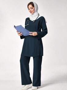 TaskEZ Long Sleeve Pocket Simple Scrub Top And Pants Uniform Set - Navy Blue - View 3