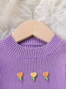 SHEIN Baby Girl Floral Applique Stylish & Cute Long Sleeve Top And Elastic Waist Pants 2 Pieces Knit Sweater Set