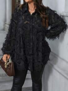 SHEIN LUNE Plus Size Women's Semi-Sheer Feather Fringe Design Laser Cut Chiffon Casual Loose Shirt, Suitable For Party And Outdoor Thanksgiving Women New Years Going Out , Vacations Woman, Party