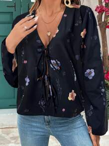 SHEIN VCAY 秋季大码花卉印花系带休闲衬衫 - 黑色 - 查看 4
