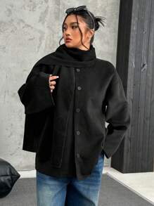 SHEIN EZwear Áo khoác lông cừu giả màu đen cỡ lớn kèm khăn quàng cổ, áo khoác dệt kim màu đen dáng rộng đơn giản - màu đen - Xem 1