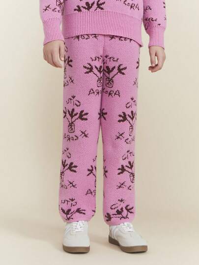 SHEIN Pantalon en tricot droit et ample à imprimé floral pour préadolescentes, automne/hiver