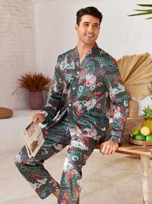 Manfinity ChillVibe 2pcs Men's Front Button Closure Allover Print Minimalist Long Sleeve Top And Pants Pajama Set - Multicolor - View 5