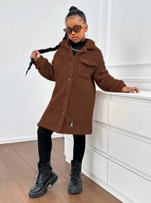 SHEIN 秋冬季 Tween Girl 保暖毛绒领口袋前纽扣中长外套 - 棕色 - 查看 7