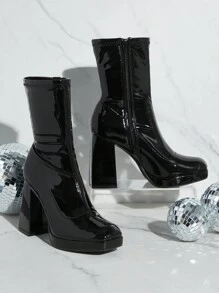 SHUZIA 女士弹力漆皮中筒以上黑色靴子新年假期 - 黑色 - 查看 5