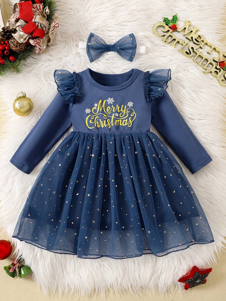 Glamorique Kids 2pcs/Set Baby Girl Christmas Letter, Snowflake, Star Print Long Sleeve Mesh Dress And Headband Set - Navy Blue - View 1