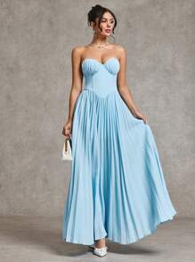 SHEIN BAE فستان سواري أنيق بخصر عالي مطوي مناسب للنساء، لون أزرق سادة، مناسب لحفلات الكوكتيل والمواعيد الرومانسية وارتداء طبقات في الخريف والشتاء وحفلات الزفاف وعيد الهالوين وعيد الميلاد