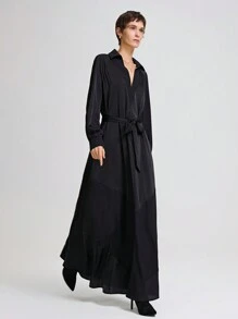 Ontre 2025 新款春季女装时尚拼接连衣裙，有领，大下摆，黑色，度假装，黑色和金色拼色长袖连衣裙，缎面面料 - 黑色 - 查看 4