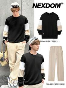 SHEIN Teen Boys' Casual Round Neck Long Sleeve Contrast Color Block Sweatshirt, Loose Fit For Spring, Summer, Autumn And Winter, Suitable For Homewear And School Wear