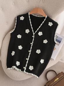 SHEIN Frenchy Casual 3D Floral Pattern Black & White Knitted Cardigan, Plus Size, Suitable For Autumn & Winter