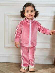 2pcs/Set Baby Girl Girls Velvet Casual Loose Solid Color Jacket And Pants Sports Suit - Pink - View 9