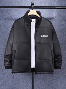 Manfinity Homme Men's Casual Letter Print Stand Collar Padded Coat, Winter - Black - View 1