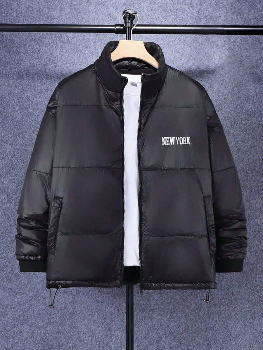 Manfinity Homme Men's Casual Letter Print Stand Collar Padded Coat, Winter - Black - View 1