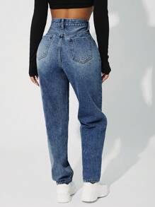SHEIN PETITE Jeans cónicos de talle alto con lavado - Azul lavado medio - Ver 2