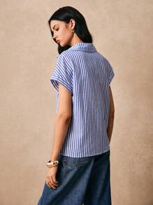 Poéselle Striped Heart Embroidery Button Front Shirt Spring Shirts Button Down Shirt Embroidered Top Casual Blue And White Striped Cotton Linen Cardigan Shirt Is Comfortable And Breathable For Summer Leisure Holiday Daily Wear - Blue - View 5