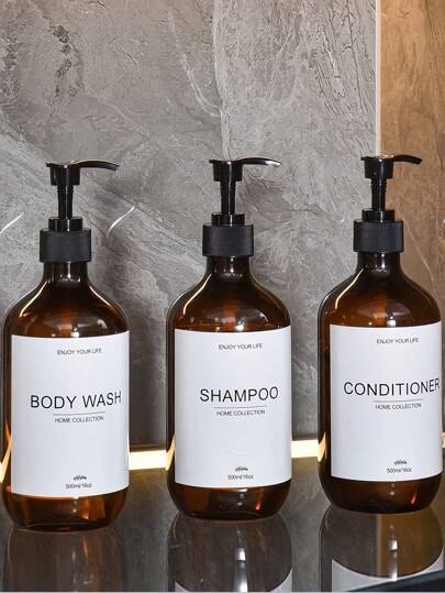 Conjunto com 3 dispensadores de xampu âmbar recarregáveis (500 ml/16,9 oz) - Frascos com bomba PETG à prova d'água e etiquetados para produtos de hotel, decoração de banheiro e itens essenciais para o verão | Organizador de chuveiro reutilizável com design à prova de vazamentos