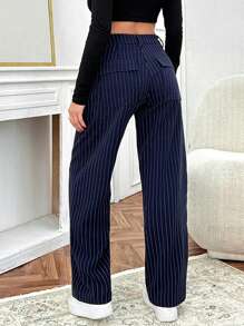 RueChic Women's Navy Striped Pants With Ruching Detail - Navy Blue - View 2