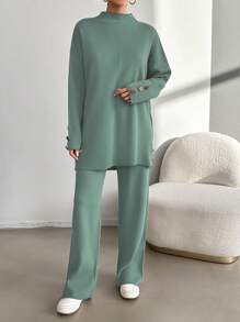 EURMUSE 2pcs/Set Women Plain Stand Collar Long Sleeve Top & Full Length Pants - Mint Green - View 4