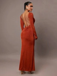 Silquee Women's Autumn And Winter Long Sleeve Simple Daily Date Elegant Party Solid Color High Quality Chestnut Brown Glitter Stretch Knit Women's Midi Dress Sexy Backless, Long Dress Suitable For Cocktail Party, Romantic Date Party, Formal Party, Wedding, Bridesmaid Dress, Evening Dress, Halloween Dress , Christmas Holiday Dress, Super Photogenic