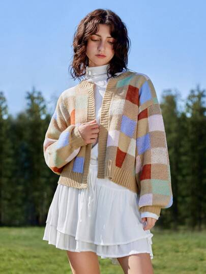 Skyraze 女士休闲拼色千鸟格印花灯笼袖开衫，秋冬，几何图案