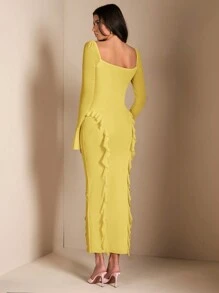 SHEIN BAE Trang phục đi chơi thanh lịch của phụ nữ, Áo thu tay dài Áo sơ mi bó sát nữ tay dài, Váy hồng ngọt ngào xếp nếp với họa tiết hoa 3D - Màu vàng - Xem 2