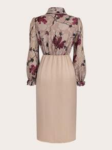 SHEIN Clasi Plus Size Vrouwen Elegante Chiffon Bedrukte Strikkraag Patchwork Enkelrijs Lange Jurk Maxi Vrouwen Outfit