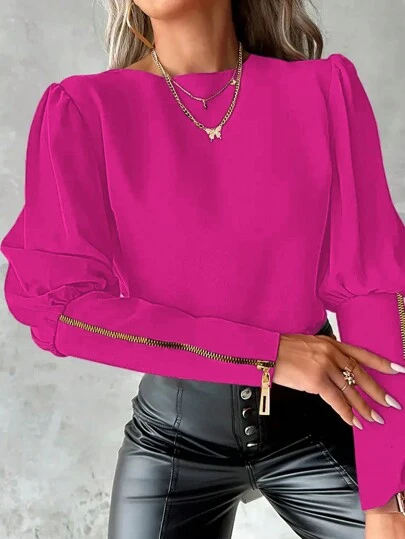 Xyvia Dames Puff Sleeve Metal Zipper Design Shirt