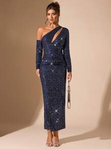 SHEIN BAE Ținuta de club de noapte pentru petrecere de cocktail pentru femei, cu mânecă lungă cu volan în față, rochie de petrecere elegantă cu paiete, potrivită pentru petrecerea de vacanță, banchetul formal, evenimentul de Crăciun - Albastru marin - Vizualizare 5