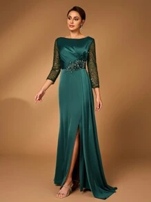 Serin Elegant & Luxurious Women's A-Line Lace Mesh Embroidered Pearl & Sequin Splice V-Neck Asymmetrical Ruched Sheer Long Sleeve Fishtail Waist Beaded Decoration Dress Suitable For Formal Wedding, Mother's Day Events, Bride Mother Dress Mother's Evening Dress, For Valentine's Day - Dark Green - View 6