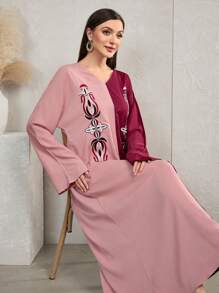 Al Najma 1 件女式优雅撞色刺绣宽松长袖连衣裙，朴素休闲长款 Jalabiya 阿拉伯连衣裙，适合日常休闲 - 紅色 - 查看 4