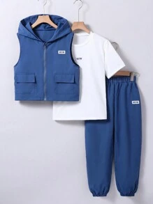 SHEIN 3 件套 Tween Boy 休闲套装：黑色连帽背心、白色 T 恤、黑色裤子 - 藍色 - 查看 3