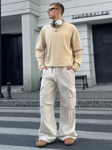 Manfinity VCAY Camiseta de manga larga casual y holgada de punto para hombre, uso diario de moda para jóvenes