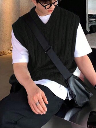 Manfinity Hypemode Heren effen V-hals casual losse gebreide trui vest, geschikt voor herfst/winter