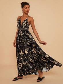Travachic Vestido de espalda abierta con estampado de constelación trenzado, estampado de estrellas y luna, relajante y romántico para vacaciones junto al mar (el bajo es amplio)