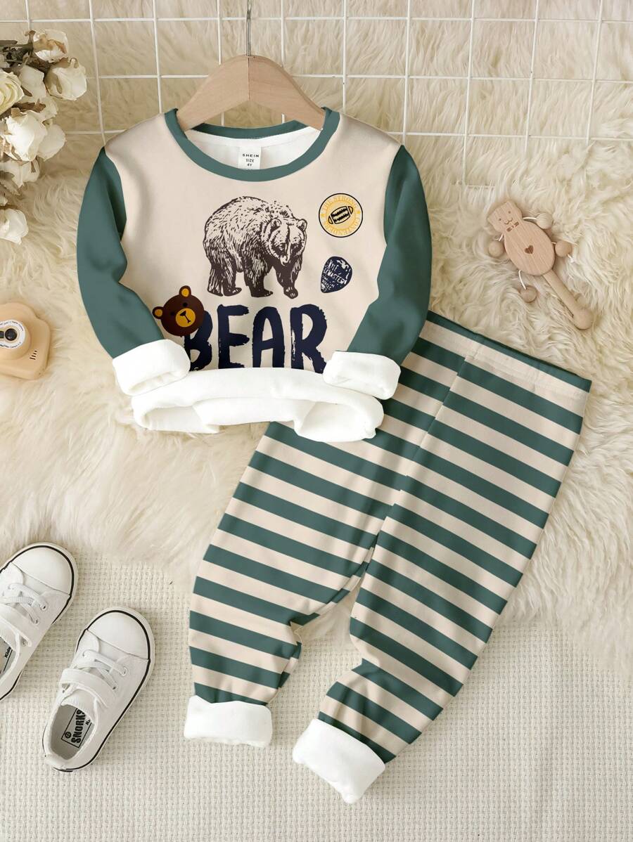 SHEIN Young Boy Casual Minimalist Snug Fit Cute Bear & Football Print Comfortable Long Sleeve Round Neck Sleepwear Set, Suitable For Autumn/Winter - Multicolor - View 1