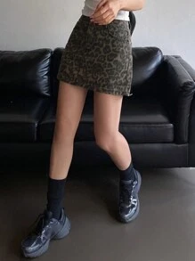 DAZY Damska spódnica mini z nadrukiem w panterkę, kieszeniami z przodu i guzikami, prosta, swobodna, dżinsowa Y2k