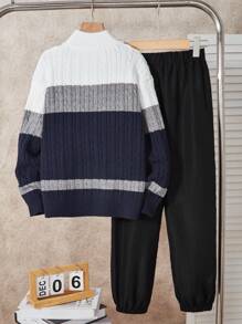 Bộ 2 sản phẩm/Bộ áo len dài tay dày kẻ sọc và quần dài cho bé trai - Màu xanh hải quân - Xem 2