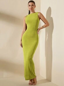 SHEIN BAE Women's Sleeveless Solid Blue Dress, Textured Fall Dress For Layering - Olive Green - View 5