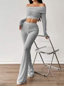 Flirla 2 stuks/set abrikooskleurige textuur ronde hals drop schouder fleece top en rechte pijp casual broek